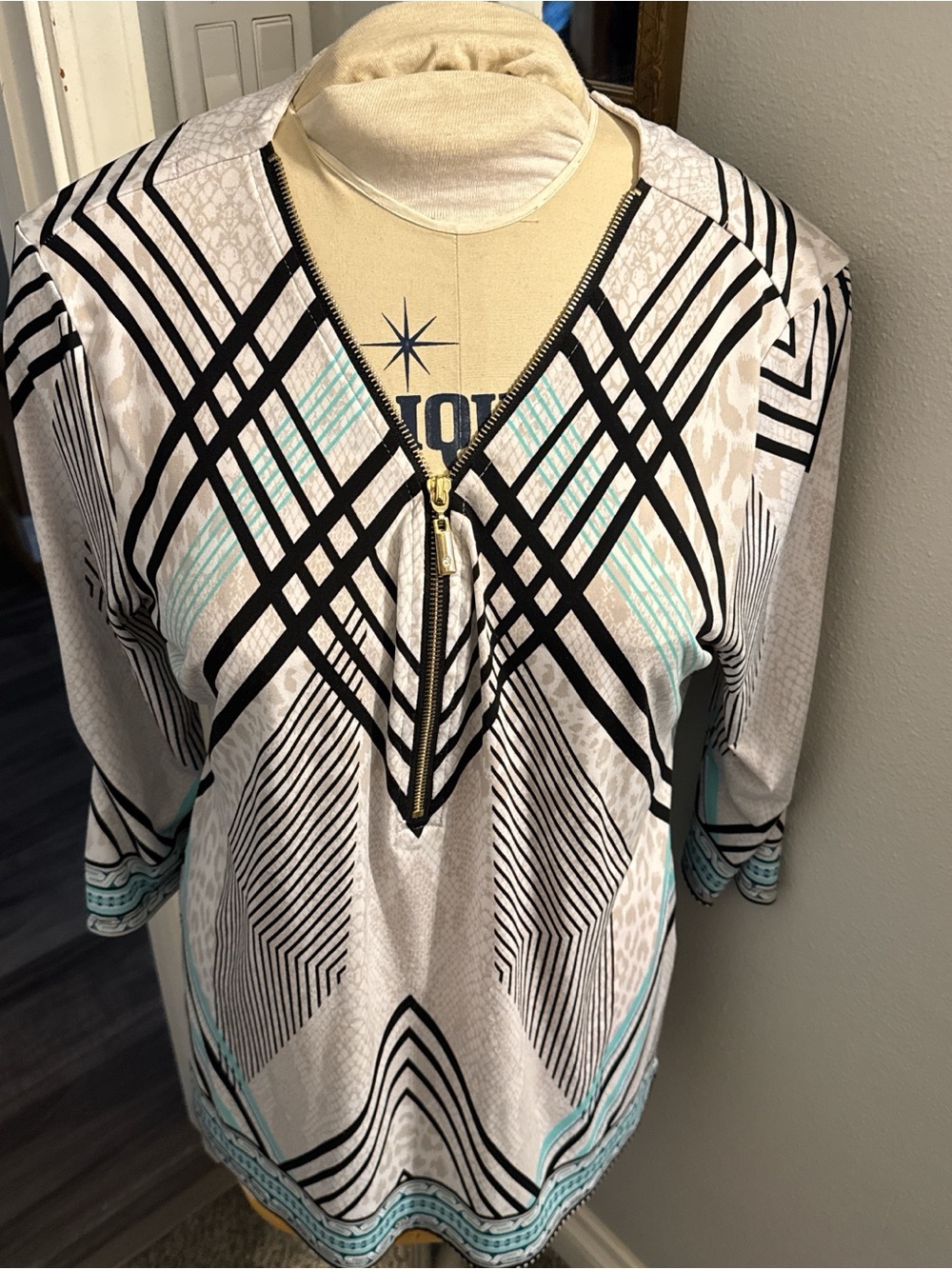 JM Collection Cream, Black & Aqua Geometric Zip V-Neck Tunic